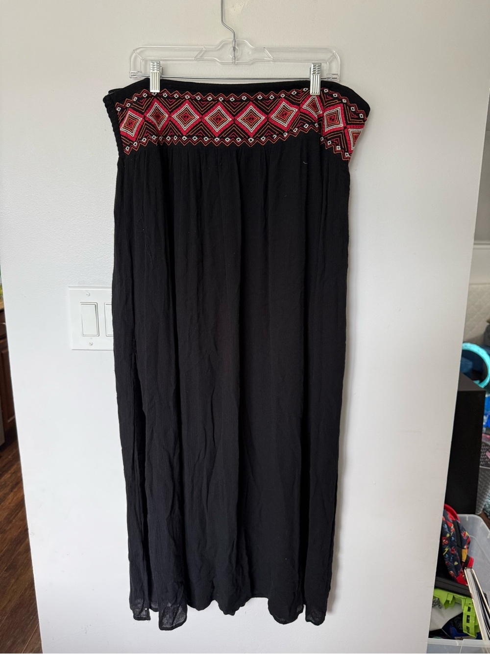 Black Maxi Skirt with Pink Embroidered Stretchy Waistband